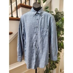 W.H. Belk Men's Blue 100% Linen Collared Long Sleeve Button Down Shirt Size L